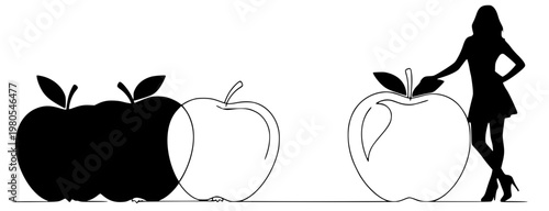 Silhouette of a slim woman standing next to giant apples concept