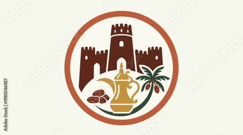 Middle Eastern Emblem With Castle Coffee Pot and Palm