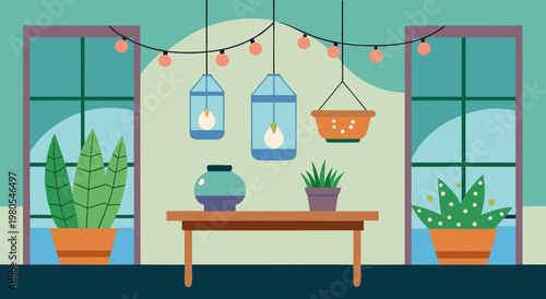 Cozy balcony scene with potted plants and hanging lanterns creating a warm ambiance