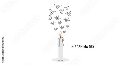 Hiroshima Day memorial concept with lit candle and origami paper cranes.