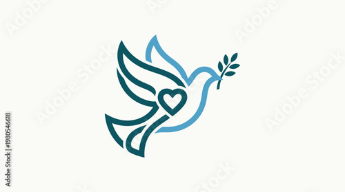 Abstract Dove with Olive Branch and Heart Symbol of Peace