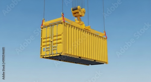 A large yellow shipping container suspended from a crane against a clear blue sky, with a cityscape in the background.