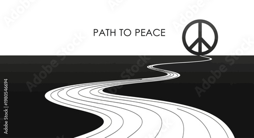 A conceptual illustration of a winding road leading towards a peace symbol.