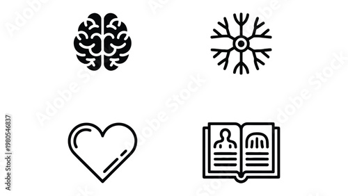 Iconic Cerebral Symphony: A striking collection of minimalist icons, showcasing the essence of human intellect and vitality, including the brain, neuron, heart, and book.