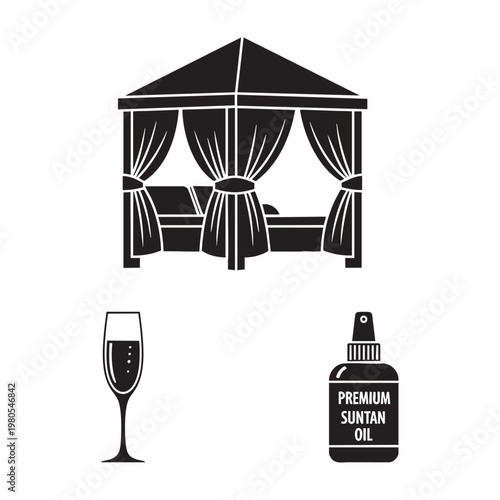 Luxury resort icons with cabana drink and suntan oil
