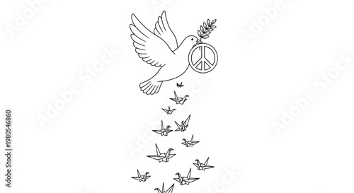 Obraz na płótnie A white dove holding a peace sign with falling origami cranes.