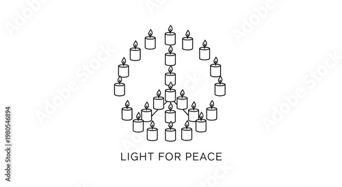 Minimalist outline illustration of a peace sign made of lit candles.