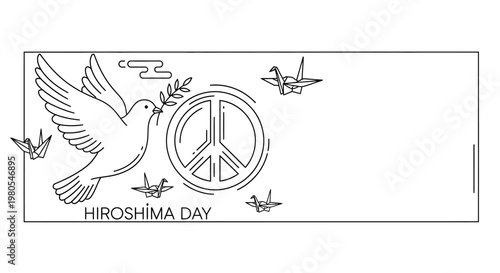 Hiroshima Day memorial illustration featuring a peace dove and origami cranes.