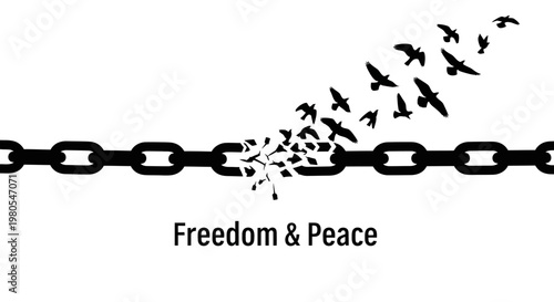 Broken metal chain links transforming into a flock of flying birds symbolizing liberation.