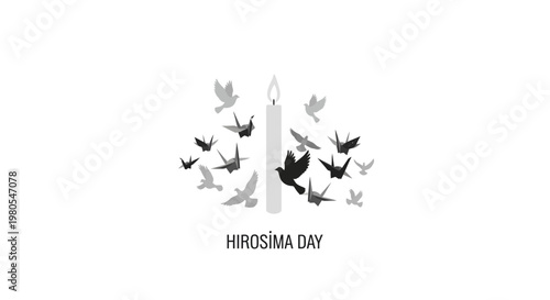Hiroshima Day Commemoration Illustration Featuring Candle and Paper Cranes.