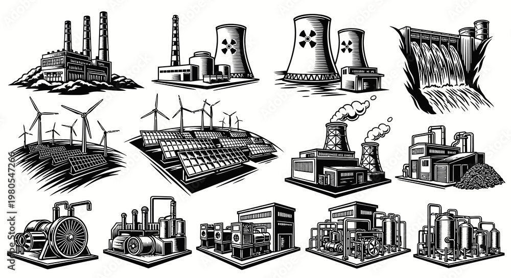 Naklejka premium Industrial Power Plant and Renewable Energy Generation Vector Set