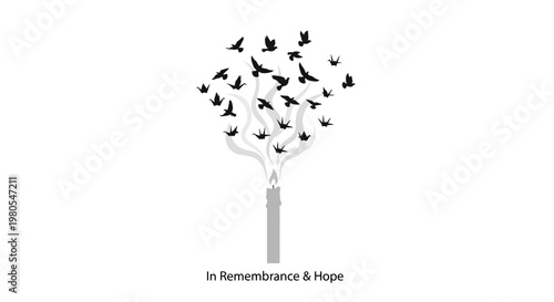 Candle with flying birds forming a tree shape for remembrance and hope.
