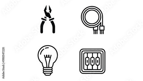 Electrical Elements Icon Set: A collection of essential electrical icons. Pliers, cable, light bulb, and circuit board in a minimalist style. Showcasing precision and functionality. 