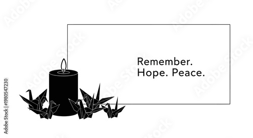 Memorial illustration with a black candle and origami paper cranes.