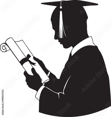 Silhouette of a graduate in cap and gown reading a diploma with knowledge seeker, black and white