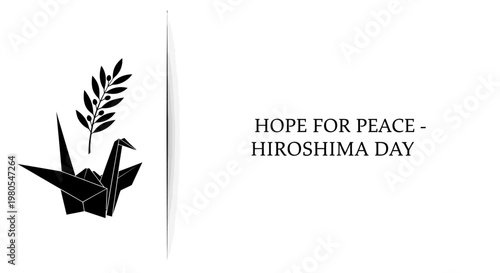 Minimalist paper crane and olive branch illustration for Hiroshima Day.