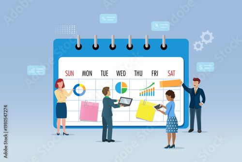 Business teamwork brainstorming, developing business plan on calendar. Data research, marketing analysis, solution report for business successful and achievement. Vector.