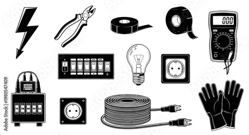 Electrical Repair Maintenance Components and Electrician Equipment Set