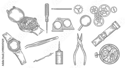 Vintage Watchmaker Tools and Clockwork Mechanism Vector