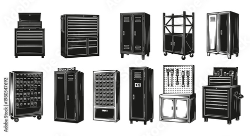 Industrial Workshop Storage and Metal Cabinet Vector Set