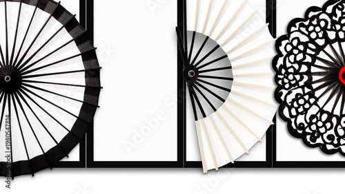 番傘と和傘、扇子を組み合わせた伝統的な和風のデザイン背景