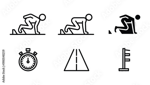 Athletic Beginnings: A concise illustration depicts the dynamic phases of a race: from the starting stance to the explosive dash, alongside a stopwatch, track, and finishing flag.
