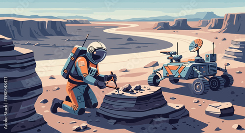 Astronaut Researching Rocks on Alien Planet Surface with Rover