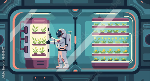 Astronaut Tending to Plants in a Futuristic Space Station Greenhouse