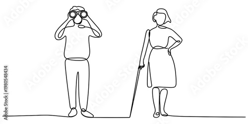 Continuous line drawing of a man using binoculars and a woman standing with a white walking cane Vector, illustration