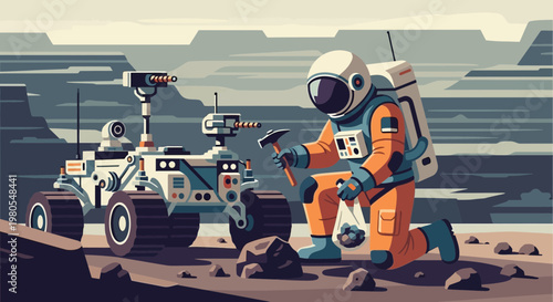 Astronaut and Mars Rover Collecting Rock Samples Illustration
