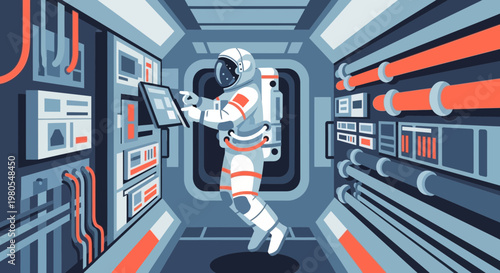 Astronaut Floating in Spaceship Interior Flat Vector Illustration
