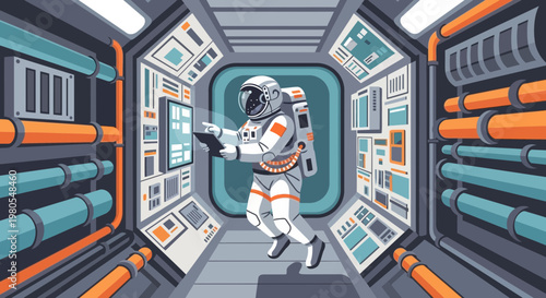 Astronaut floating in spaceship module using digital interface