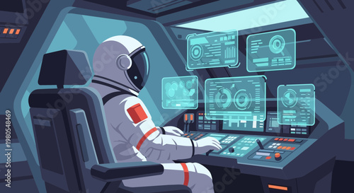 Astronaut Pilot Operating Spaceship with Holographic Interfaces