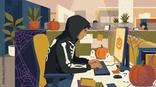 Worker in Skeleton Costume at a Decorated Halloween Office Desk