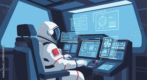 Astronaut piloting spaceship from futuristic cockpit illustration