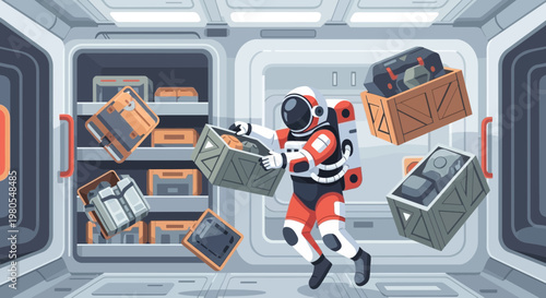 Astronaut floating with cargo crates in a spaceship storage room