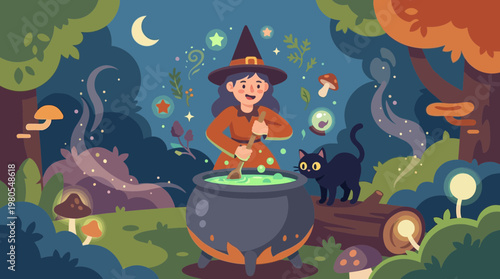 Cute Witch Brewing Potion in Enchanted Forest with Black Cat