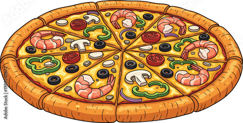 Delicious seafood pizza illustration with shrimp, olives, mushrooms and vegetables on crispy crust, colorful hand drawn vector isolated on white background