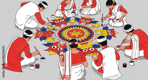 People in traditional attire collaboratively painting a large, intricate, colorful rangoli or alpana design on the ground during a cultural event or festival.