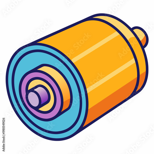 An isometric illustration of a vibrant orange cylindrical battery with colorful layered ends