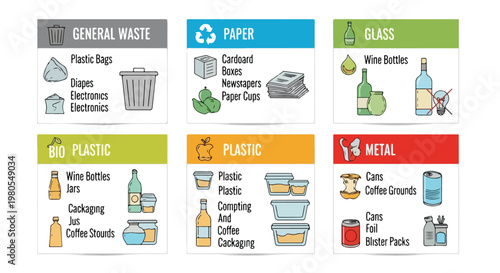 Waste sorting guide with 6 recycling categories, colorful trash separation labels for paper, glass, plastic, and metal, eco-friendly garbage management vector