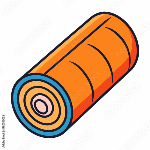 Vibrantly colored orange sleeping bag or camping mat rolled up for outdoor adventure