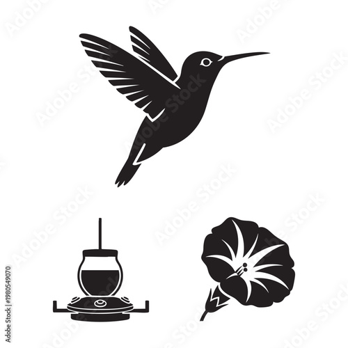 Garden bird icons with hummingbird feeder and a flower