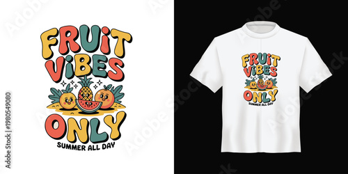 Vibrant fruit t-shirt design, colorful typography, summer apparel, graphic tee