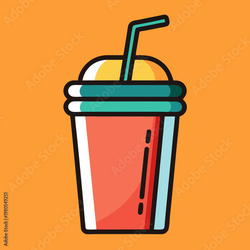 Colorful cartoon illustration of a refreshing beverage in a disposable cup with a straw