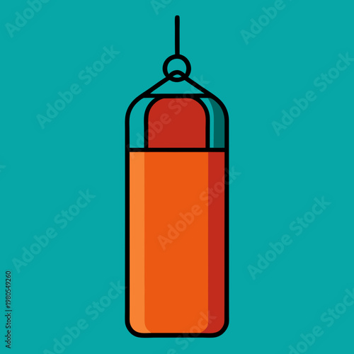 A vibrant orange and red punching bag hangs ready for a workout against a teal background