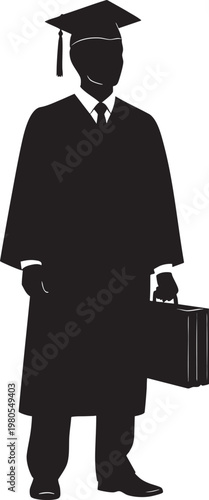 Graduate in cap and gown holding a briefcase with black and white graduation day graduation