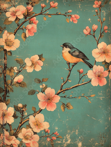 Bird blossom branch vintage turquoise pastel floral spring songbird nature Delicate bird blossom branch vintage turquoise pastel floral spring scene with gentle texture and soft romantic nature