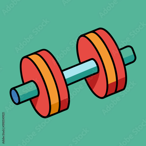 A brightly colored cartoon dumbbell featuring red and orange weights on a light blue bar