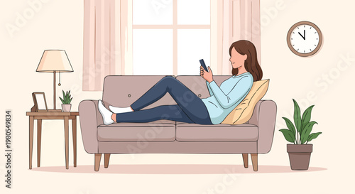 Young woman relaxing on sofa at home using smartphone in cozy living room interior illustration